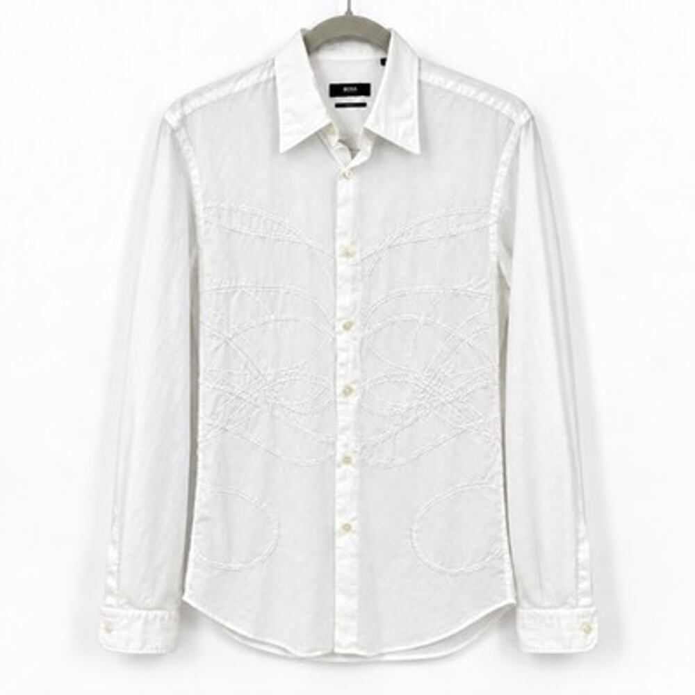 Boss Hugo Boss Embroidered Slim fit Mens Button up Shirt 33/40 M White Vtg 2005
